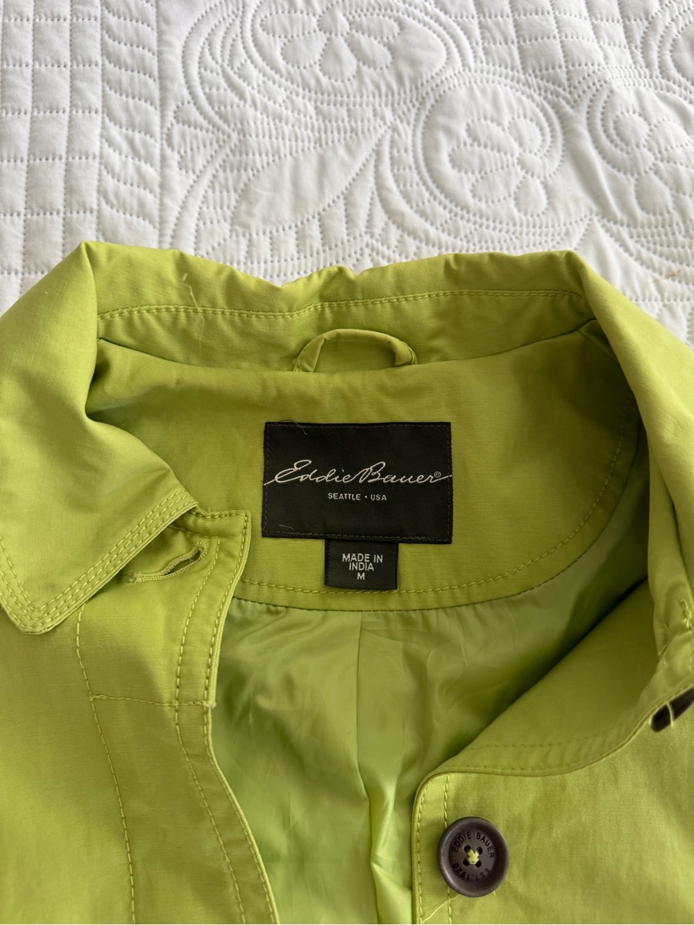 Women's Eddie Bauer Lime Green Single-Breasted Trench Rain Coat Medium Outdoors - Picture 4 of 8